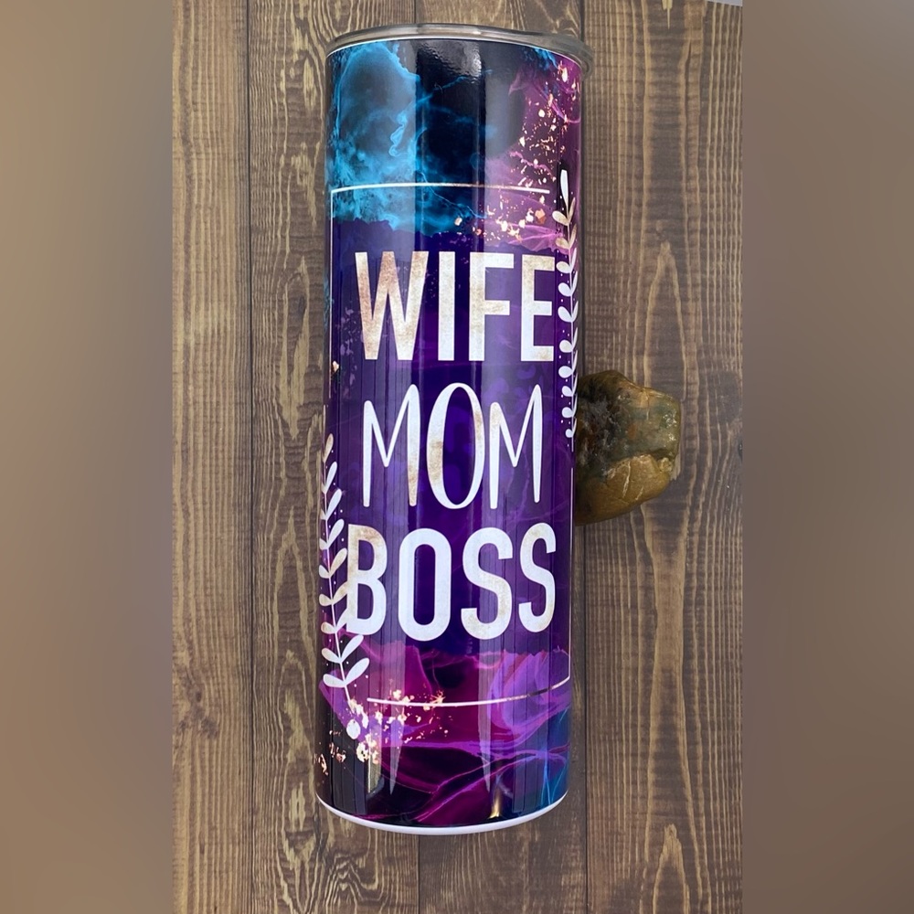 CLEARANCE~Wife, Mom, Boss- Sublimated 20oz skinny tumbler